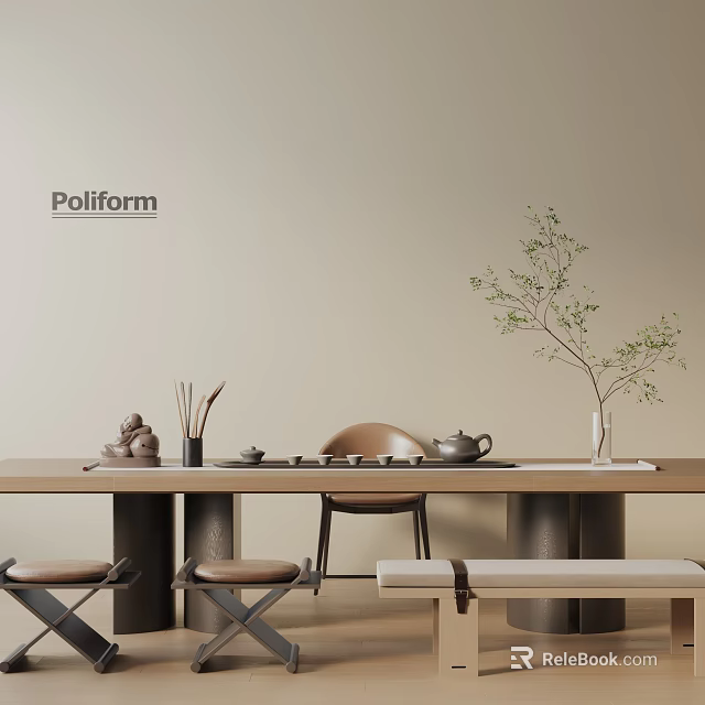 Minimalist Natural Tea Room With Wooden Table Tea Set Green Plant And Beige Walls 3d model 