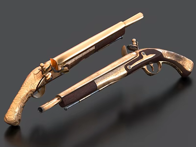 Two Vintage Golden Engraved Pistols With Intricate Wooden Handles And Classic Finish 3d model