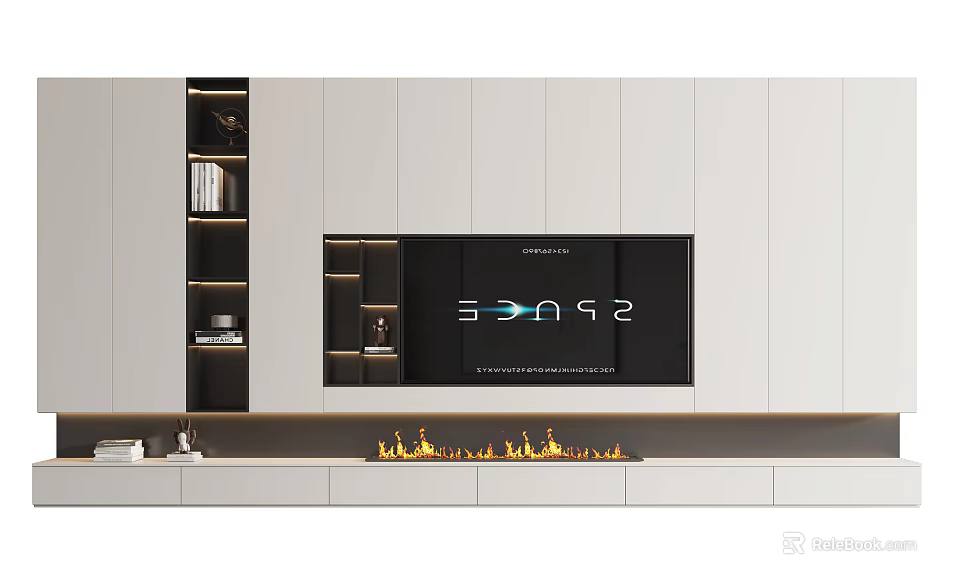 Modern Minimalist TV Background Wall With Built in TV Fireplace And Storage Shelves 3d model 