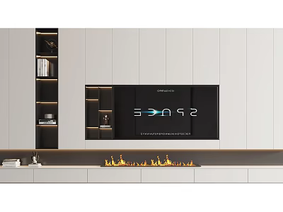 Modern Minimalist TV Background Wall With Built in TV Fireplace And Storage Shelves 3d model