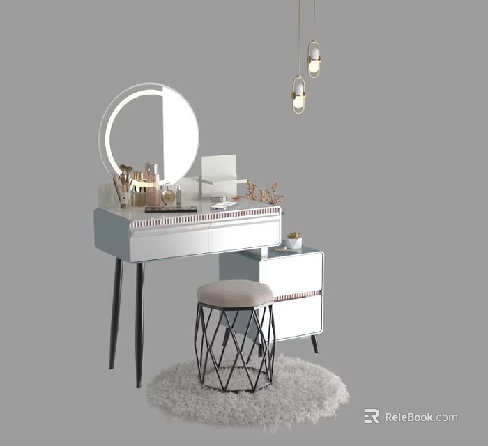 Stylish White Vanity Table with Round Mirror Cosmetics Stool Drawers and Fuzzy Rug 3d model 