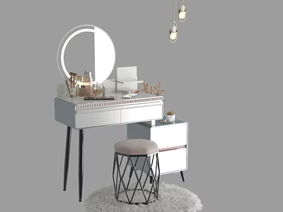 Stylish White Vanity Table with Round Mirror Cosmetics Stool Drawers and Fuzzy Rug 3d model