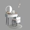 Stylish White Vanity Table with Round Mirror Cosmetics Stool Drawers and Fuzzy Rug