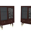 Elegant Two Piece Dark Wood Sideboard with Glass Doors Carved Patterns and Golden Legs