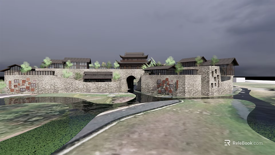 Traditional Chinese Guesthouse Building with Classic Roof Design Ancient Stone Walls and Water Feature 3d model 