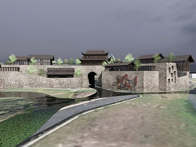 Traditional Chinese Guesthouse Building with Classic Roof Design Ancient Stone Walls and Water Feature 3d model