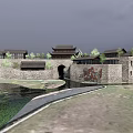 Traditional Chinese Guesthouse Building with Classic Roof Design Ancient Stone Walls and Water Feature