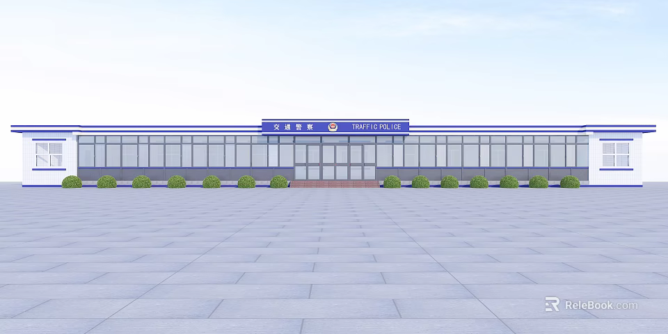 China Customs Building Exterior With Glass Windows Blue Signage Front Plaza And Green Plants 3d model 