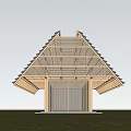 Modern Wooden House With Triangular Roof And Open Wooden Frame In Green Grass Field