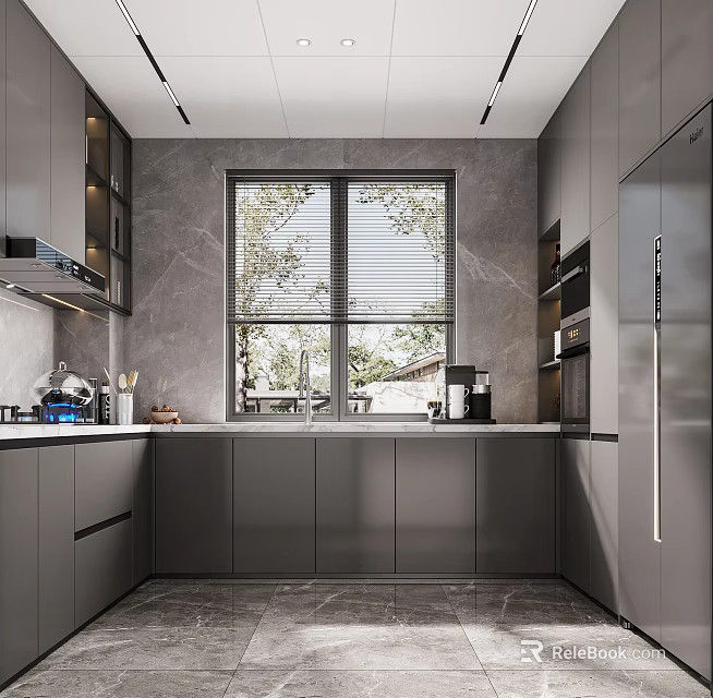 Sleek Modern Kitchen Interior With Gray Cabinets Window Blinds And Stainless Steel Appliances 3d model 