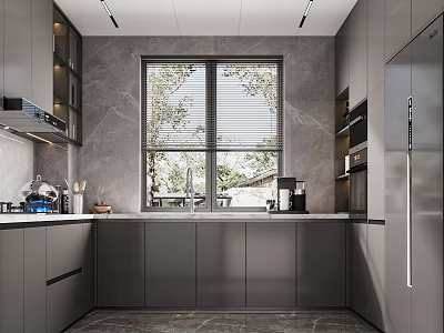 Sleek Modern Kitchen Interior With Gray Cabinets Window Blinds And Stainless Steel Appliances 3d model