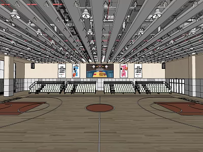 Indoor Basketball Gymnasium With Wooden Flooring Spectator Seats Ceiling Lights Central Screen And Wall Posters 3d model