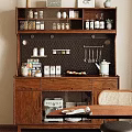 Wooden Sideboard With Open Shelves Perforated Back Panel Hanging Utensils Drawers And Glass Doors
