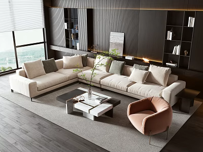 Modern Living Room With Beige L shaped Sofa Coffee Table Pink Accent Chair And Green Plant 3d model