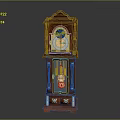 Antique Wooden Grandfather Clock With Carved Details Blue Gold Dial And Pendulum