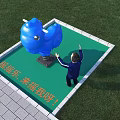 Outdoor Blue Rocking Playground Equipment on Green Surface With Gray Border and Child Pointing