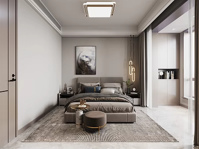 Modern Bedroom Interior Design With Gray Bed Area Rug Wall Art Nightstands And Wardrobe 3d model