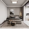 Modern Bedroom Interior Design With Gray Bed Area Rug Wall Art Nightstands And Wardrobe