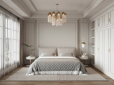 Elegant Bedroom Interior With Light Gray Walls Brass Crystal Chandelier And Built-in White Wardrobes 3d model