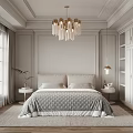 Elegant Bedroom Interior With Light Gray Walls Brass Crystal Chandelier And Built-in White Wardrobes