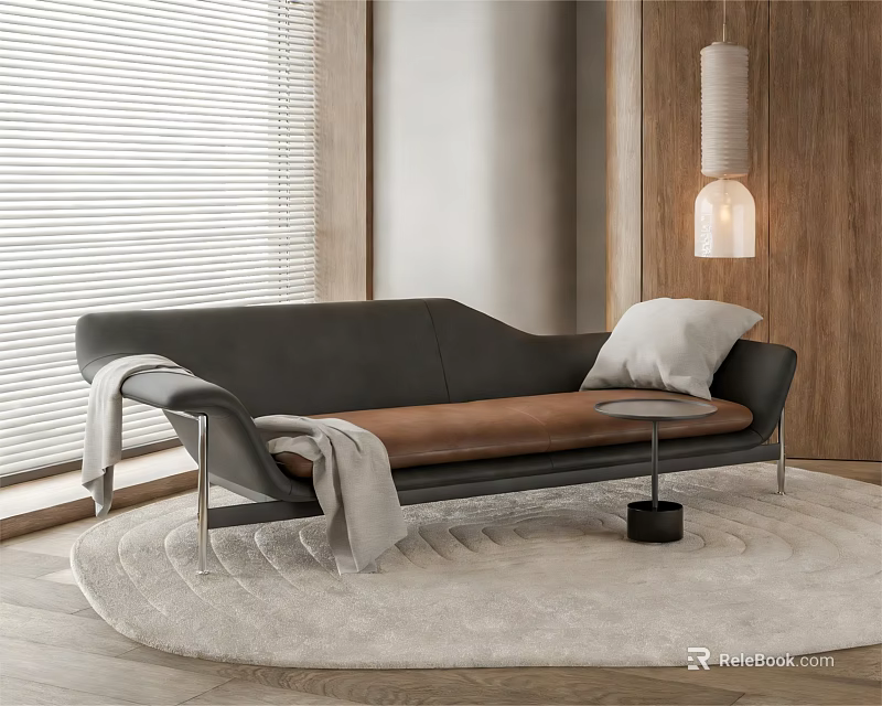 Modern Two-Seater Sofa With Black Brown Upholstery Grey Blanket Small Side Table and Light Rug 3d model 