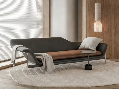 Modern Two-Seater Sofa With Black Brown Upholstery Grey Blanket Small Side Table and Light Rug 3d model
