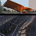 Modern Outdoor Parking Lot Featuring Orange Canopy Red Sports Car And Modern Building Design