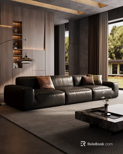 Modern Living Room With Black Leather Sofa Pillows Wooden Wall Green Trees And Window View 3d model 