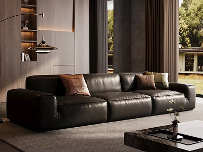 Modern Living Room With Black Leather Sofa Pillows Wooden Wall Green Trees And Window View 3d model