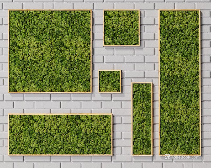 Green Moss Wall Decor With Various Shapes Wooden Frames And Gray Brick Background 3d model 