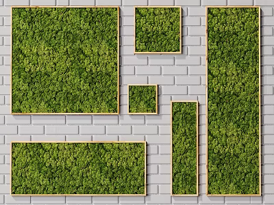 Green Moss Wall Decor With Various Shapes Wooden Frames And Gray Brick Background 3d model