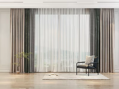 Modern Living Room Double Layer Curtains Sheer Panels Large Window Wooden Floor Armchair Potted Plant 3d model