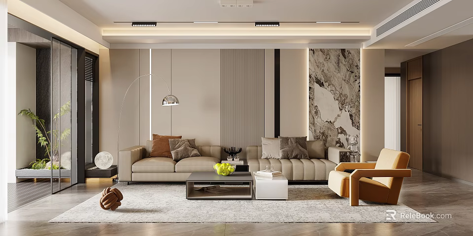 Modern Living and Dining Room Interior With Sofa Coffee Table Dining Set and Modern Lighting 3d model 