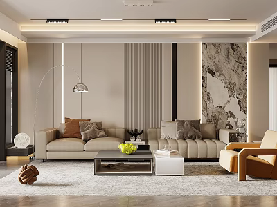 Modern Living and Dining Room Interior With Sofa Coffee Table Dining Set and Modern Lighting 3d model