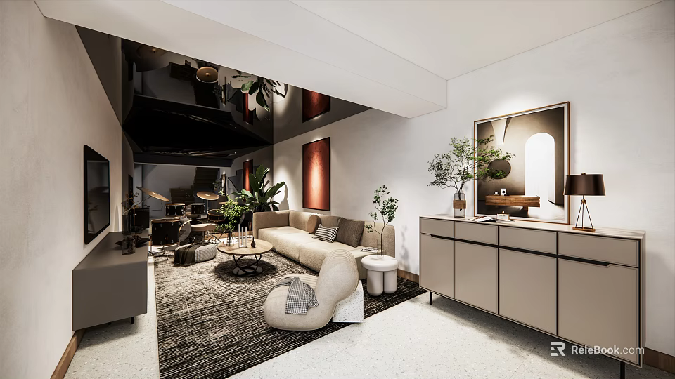Modern Living Room Interior Design With Sofa Rug Plants And Decorative Paintings 3d model 