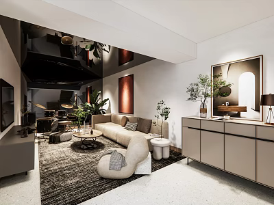 Modern Living Room Interior Design With Sofa Rug Plants And Decorative Paintings 3d model