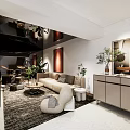 Modern Living Room Interior Design With Sofa Rug Plants And Decorative Paintings