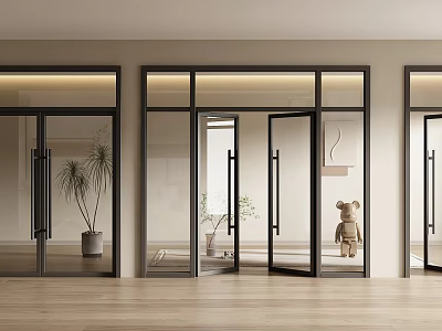 Glass Double Doors With Black Frames In Modern Interior With Wooden Floor And Plants 3d model