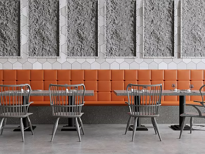 Modern Public Chairs With Gray Hexagon Wall Decor Orange Upholstered Bench And Dining Tables 3d model