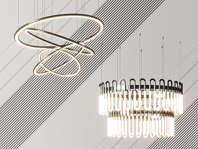 Modern Circular Chandeliers With Intertwined Rings And Linear Light Elements For Interior Design 3d model