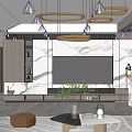 Modern Living Room Interior With Marble TV Wall Circular Pendant Lights Coffee Table And White Sofa
