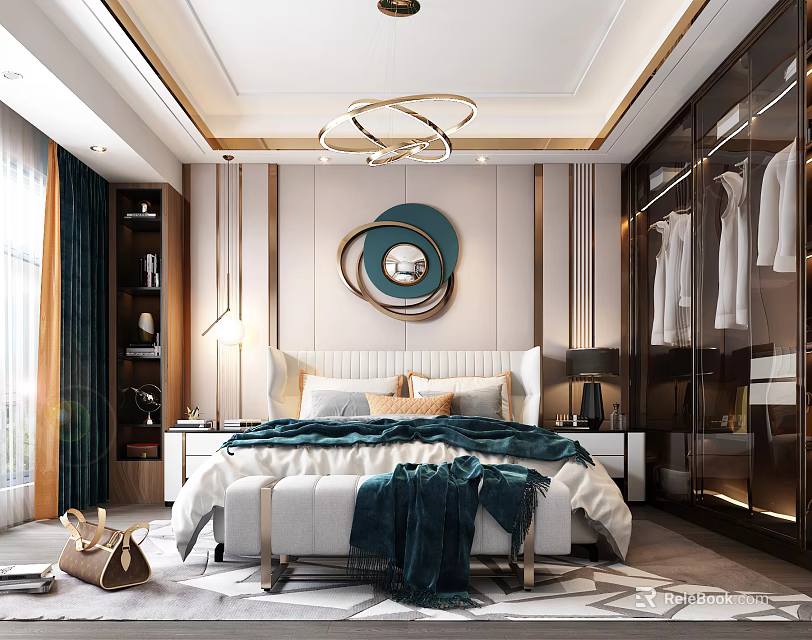 Elegant Modern Bedroom Interior With White Bed Blue Blanket Round Mirror And Chandelier 3d model 