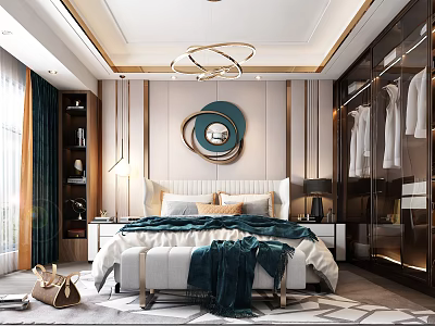 Elegant Modern Bedroom Interior With White Bed Blue Blanket Round Mirror And Chandelier 3d model
