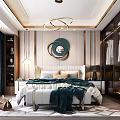 Elegant Modern Bedroom Interior With White Bed Blue Blanket Round Mirror And Chandelier