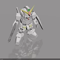 White Robot Model With Green Horn Holding Sword And Shield On Gray Surface