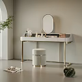 Elegant Modern Dressing Table with Oval Mirror Gold Frame Sleek White Top Cosmetics and Stool 3d model