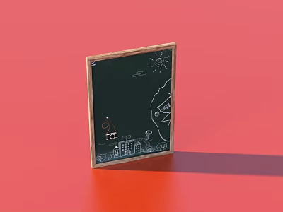 Wooden Framed Small Blackboard With White Doodles Sun Cloud House Bicycle On Red Background 3d model