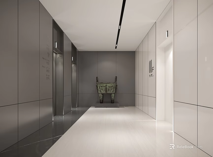 Modern Elevator Corridor With Neutral Tones And Art Sculpture 3d model