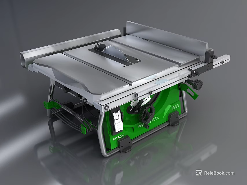Heavy Duty Industrial Table Saw Power Tool with Silver Tabletop Green Base and Foldable Stand 3d model 