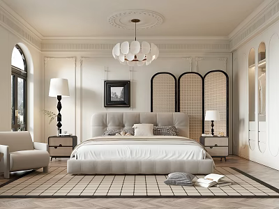 Luxurious Bedroom Interior With Gray Bed Chandelier White Walls Molding And Geometric Rug 3d model